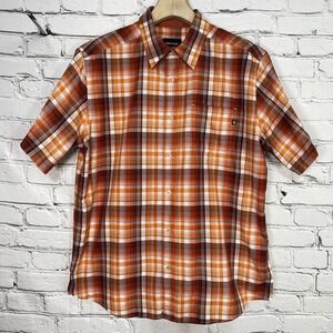 Marmot Mens‎ Woodchip Shirt Size L Orange Plaid Performance Gorpcore Relaxed Fit